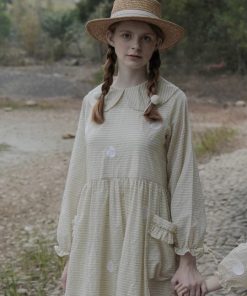 Retro Light Green cotton striped Dress