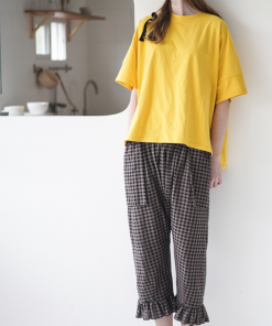 Black plaid wood ears cropped Pants