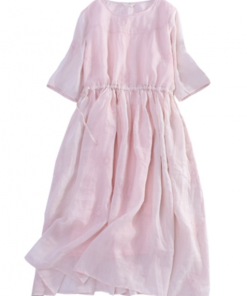 Vintage embroidered shirring ramie Dress